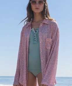 POL SEQUIN BUTTON DOWN TOP TOPS