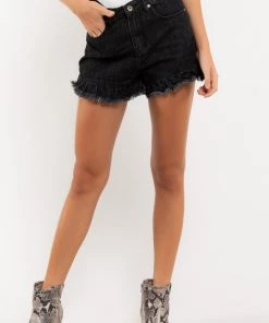 POL HIGH WAISTED DENIM RUFFLE FRAY SHORTS