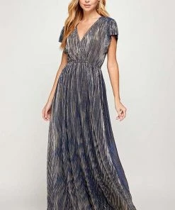 SEE AND BE SEEN DRESSES MARIAH PLEATED NAVY GLISTEN MAXI DRESS