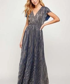 SEE AND BE SEEN DRESSES MARIAH PLEATED NAVY GLISTEN MAXI DRESS