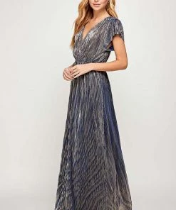 SEE AND BE SEEN DRESSES MARIAH PLEATED NAVY GLISTEN MAXI DRESS