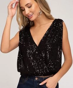 SHE & SKY/PIXIE TOPS SURPLICE SEQUIN CROP CAMI TOP