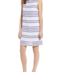 BeachLunchLounge DRESSES ALINA STRIPE LINEN & COTTON SHIFT DRESS IN SKY