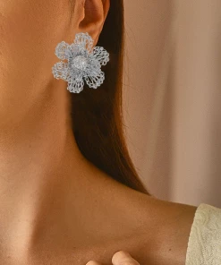 LAVISH SILVER CROCHET FLOWER EARRINGS