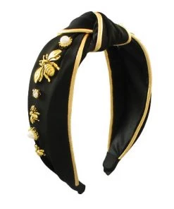 GOLDEN STELLA BLACK AND GOLD HEADBAND WITH PEARLS AND BEES HATS, HEADWEAR & HAIR ACCESSORIES