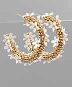 GOLDEN STELLA BEADED HOOP EARRINGS WITH WHITE FLOWER ACCENTS