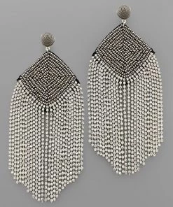 GOLDEN STELLA BEAD SQUARE W/CRYSTAL TASSEL EARRINGS-GREY/CLEAR
