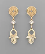 GOLDEN STELLA EVIL EYE DISK AND HAMSA EARRINGS