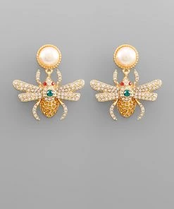 GOLDEN STELLA SPARKLY DANGLING BEE EARRINGS WITH A PEARL POST