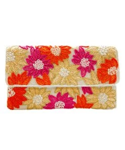 GOLDEN STELLA BEADED CLUTCH WITH PINK, YELLOW, ORANGE FLOWERS