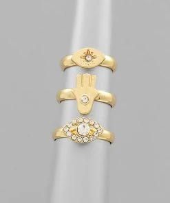 GOLDEN STELLA RINGS CRYSTAL EVIL EYE & HAMSA RING SET