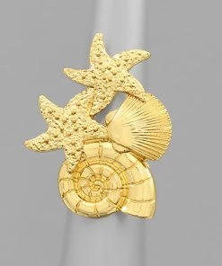 GOLDEN STELLA STARFISH AND SHELL RING