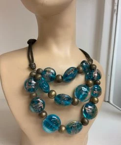 C&C NECKLACES BLUE GLASS 3 STRAND NECKLACE