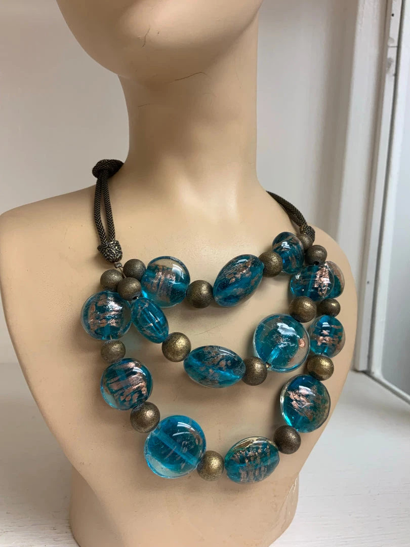 C&C NECKLACES BLUE GLASS 3 STRAND NECKLACE 1 C&C NECKLACES BLUE GLASS 3 STRAND NECKLACE