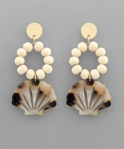 GOLDEN STELLA WOOD BALL & SHELL EARRINGS